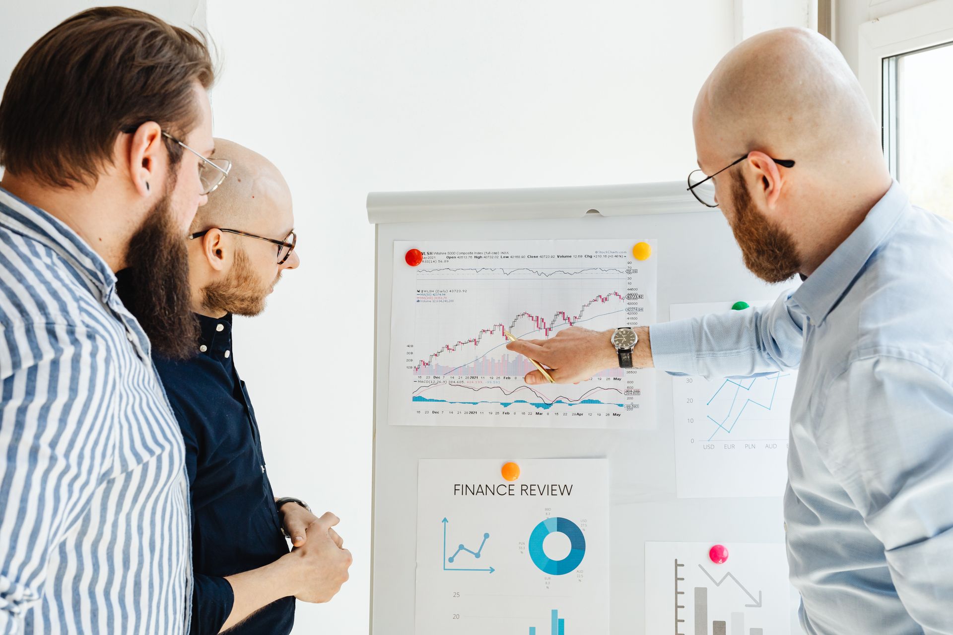 Financial expert walking two business owners through performance charts during a finance review, the forward planning fractional CFO services provide